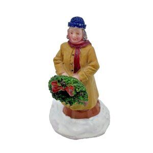Lemax Christmas Village Figure Woman Holding Wreath Holiday Retro Decor Kidcore
